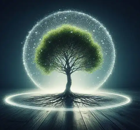 Drzewo w bezpiecznej bańce ochronnej.  Queue-Fair otacza Twoją markę, chroniąc ją i zapewniając płynną, markową podróż klienta.