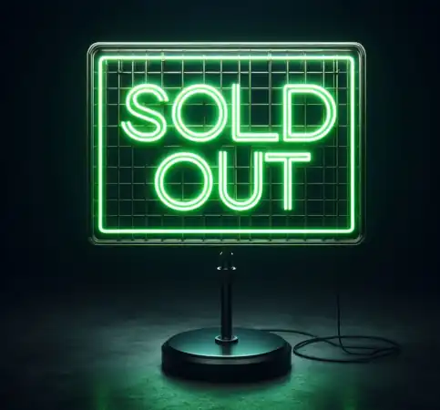 Neonowy zielony napis Sold Out.  Queue-Fair przeszedł do historii w 2005 roku, kiedy pomogliśmy Glade Festival stać się najszybciej sprzedającym się festiwalem w Wielkiej Brytanii w historii.