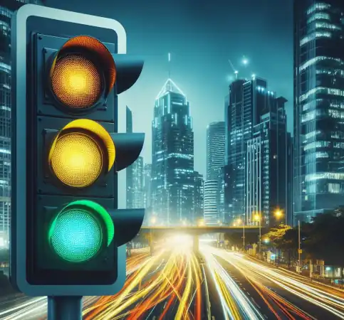 verkeerslichten en stadsgezicht die laten zien hoe ons online wachtrijsysteem pieken in het verkeer regelt